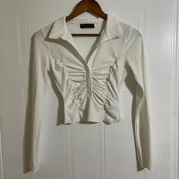 Urban Outfitters Ruched Long Sleeve Twist White Shirt - Picture 1 of 4